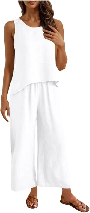 Womens Pajama Two Piece Sets Back Hollow Out Sleeveless Tank Tops & Wide Leg Pants Summer PJS Loungewear Sets