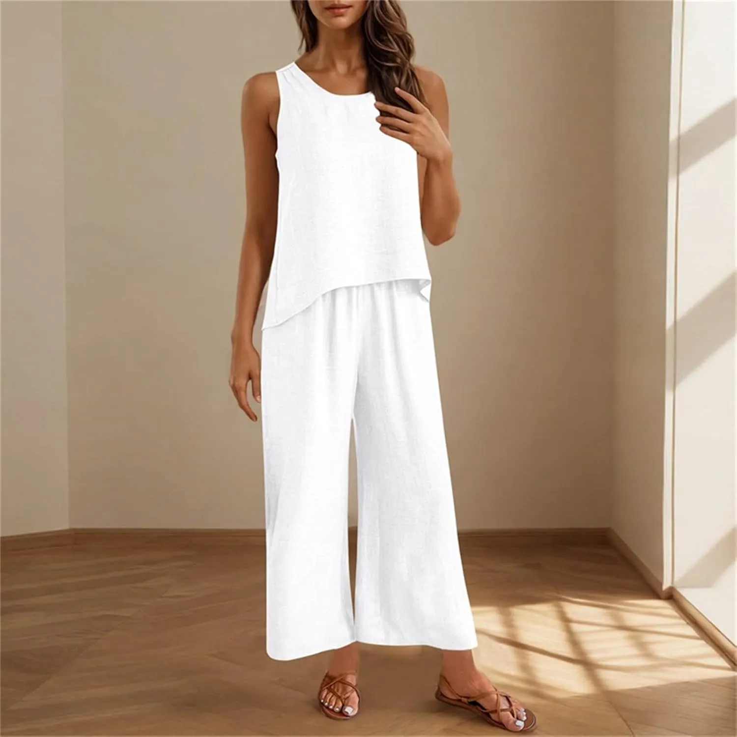 Womens Pajama Two Piece Sets Back Hollow Out Sleeveless Tank Tops & Wide Leg Pants Summer PJS Loungewear Sets
