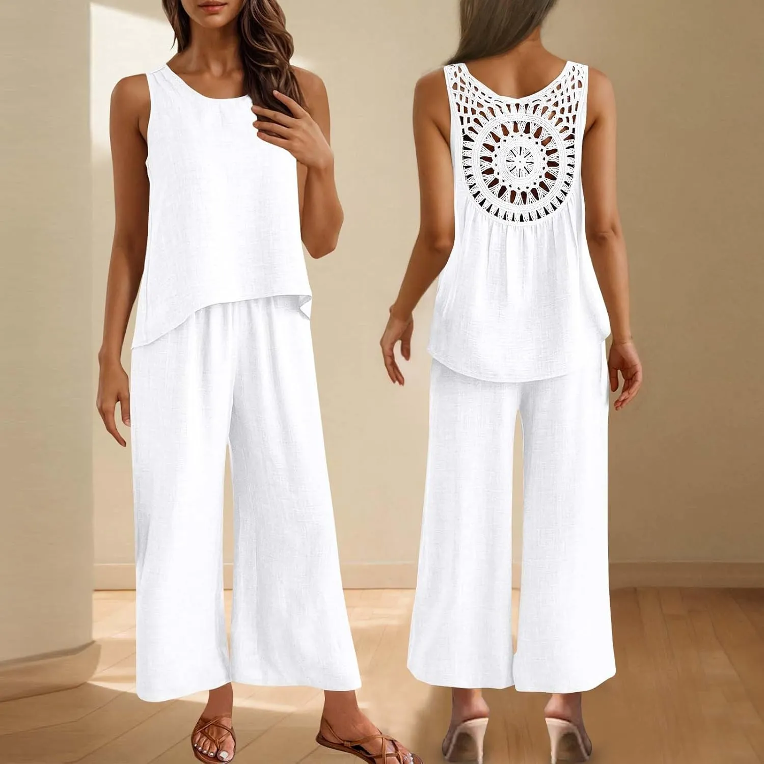 Womens Pajama Two Piece Sets Back Hollow Out Sleeveless Tank Tops & Wide Leg Pants Summer PJS Loungewear Sets