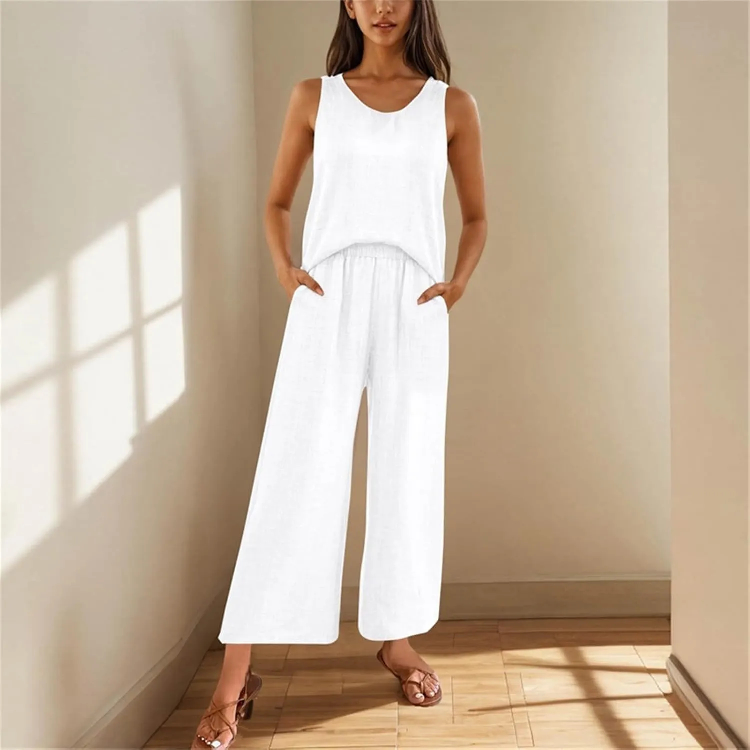 Womens Pajama Two Piece Sets Back Hollow Out Sleeveless Tank Tops & Wide Leg Pants Summer PJS Loungewear Sets