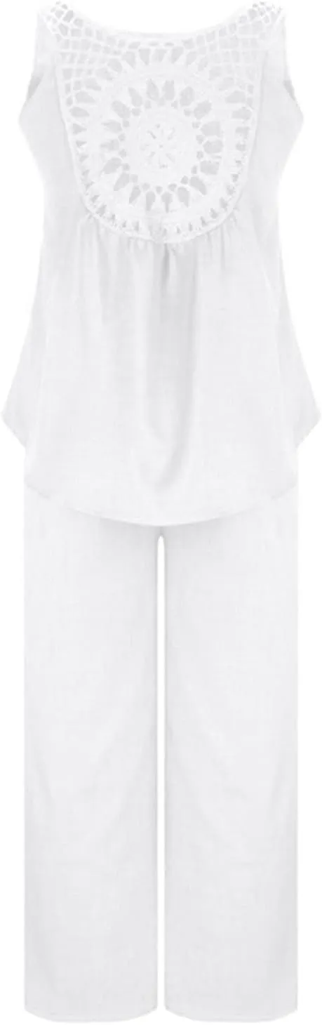 Womens Pajama Two Piece Sets Back Hollow Out Sleeveless Tank Tops & Wide Leg Pants Summer PJS Loungewear Sets