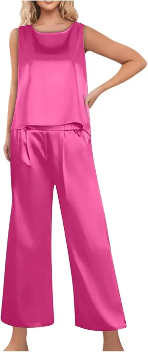 Womens Pajamas 2 Piece Lounge Set Ribbed Knit Loungewear Sleeveless Tank Top with Long Pants Fall Pajamas Set S-XXL