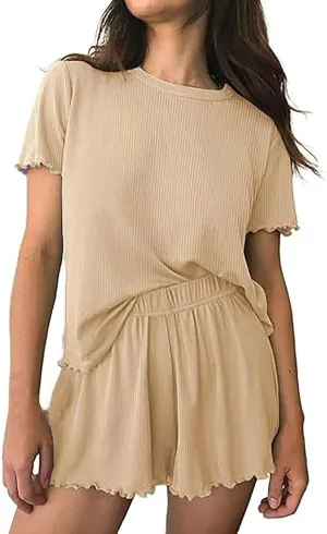 Womens Pajamas 2 Piece Ribbed Knit Pj Casual Short Sleeve Sleepwear Set Summer Solid Color Pajamas Set