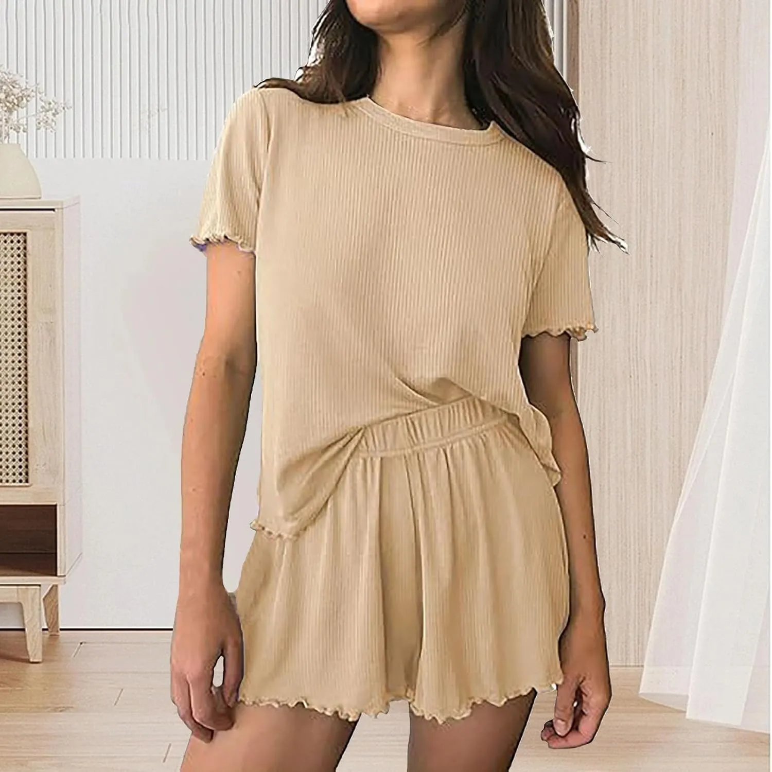 Womens Pajamas 2 Piece Ribbed Knit Pj Casual Short Sleeve Sleepwear Set Summer Solid Color Pajamas Set
