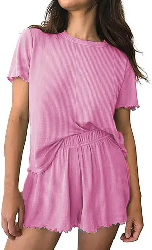 Womens Pajamas 2 Ribbed Knit Short Sleeve Sleepwear Set Solid Color Ruffles Comfort Party Shorts for Ladies Sleep