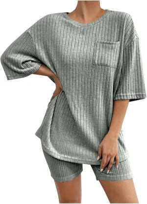 Womens Pajamas Set Casual 2 Piece Outfits Summer Ribbed Knit Crewneck Half Sleeve Tops Short Leggings Sets Tracksuit