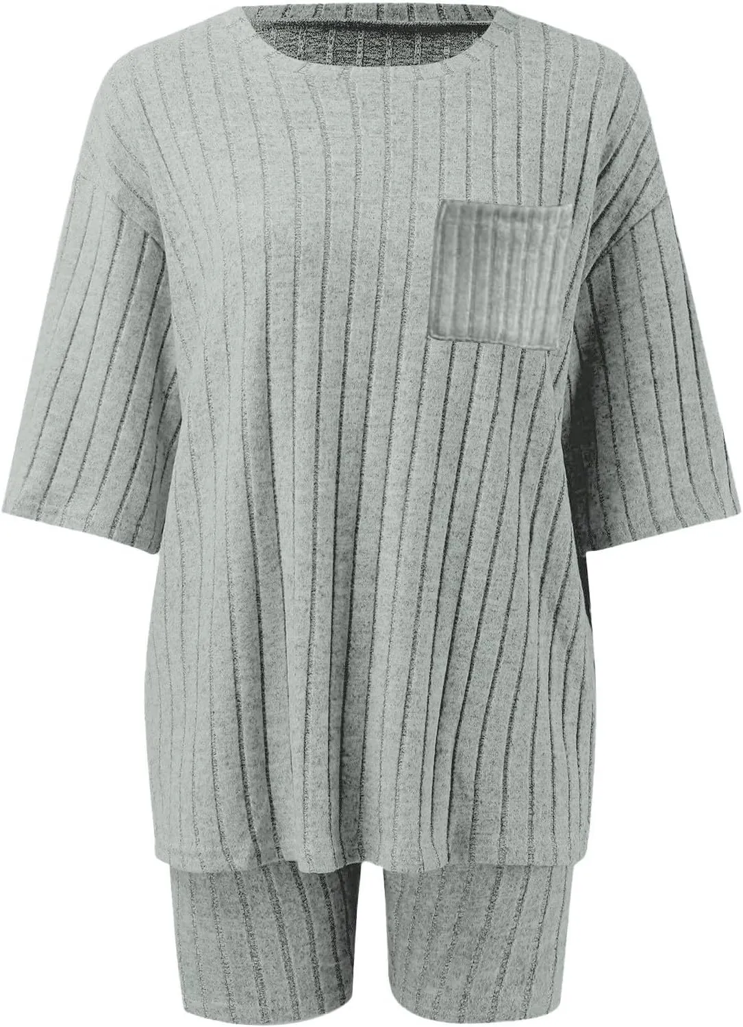 Womens Pajamas Set Casual 2 Piece Outfits Summer Ribbed Knit Crewneck Half Sleeve Tops Short Leggings Sets Tracksuit