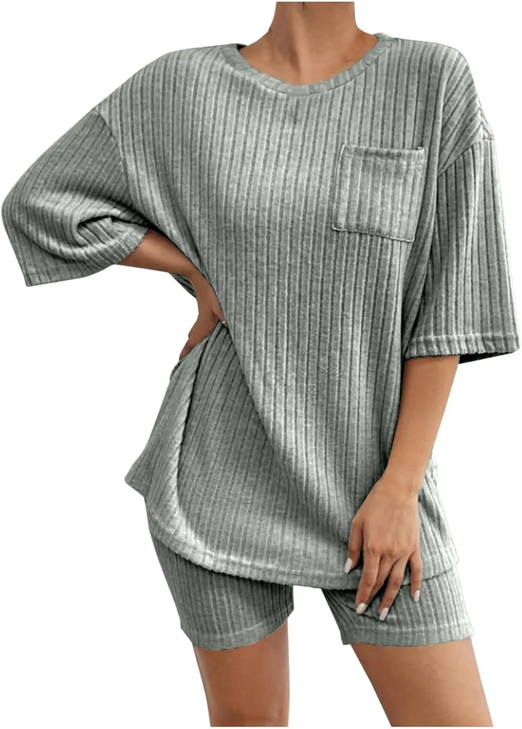 Womens Pajamas Set Casual 2 Piece Outfits Summer Ribbed Knit Crewneck Half Sleeve Tops Short Leggings Sets Tracksuit