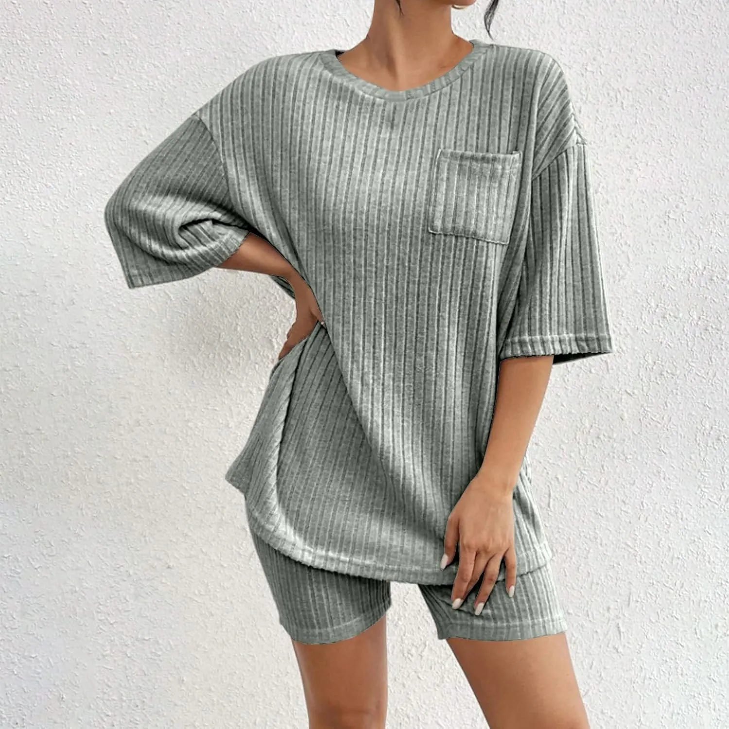 Womens Pajamas Set Casual 2 Piece Outfits Summer Ribbed Knit Crewneck Half Sleeve Tops Short Leggings Sets Tracksuit