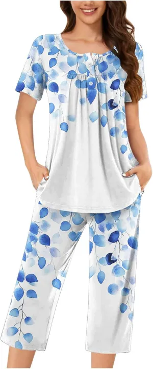 Women's Pajamas Set Short Sleeve Tops With Capri Pants Floral Print Pjs Lounge & Sleepwear Summer 2 Piece Lounge Set