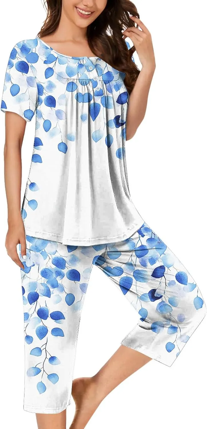 Women's Pajamas Set Short Sleeve Tops With Capri Pants Floral Print Pjs Lounge & Sleepwear Summer 2 Piece Lounge Set