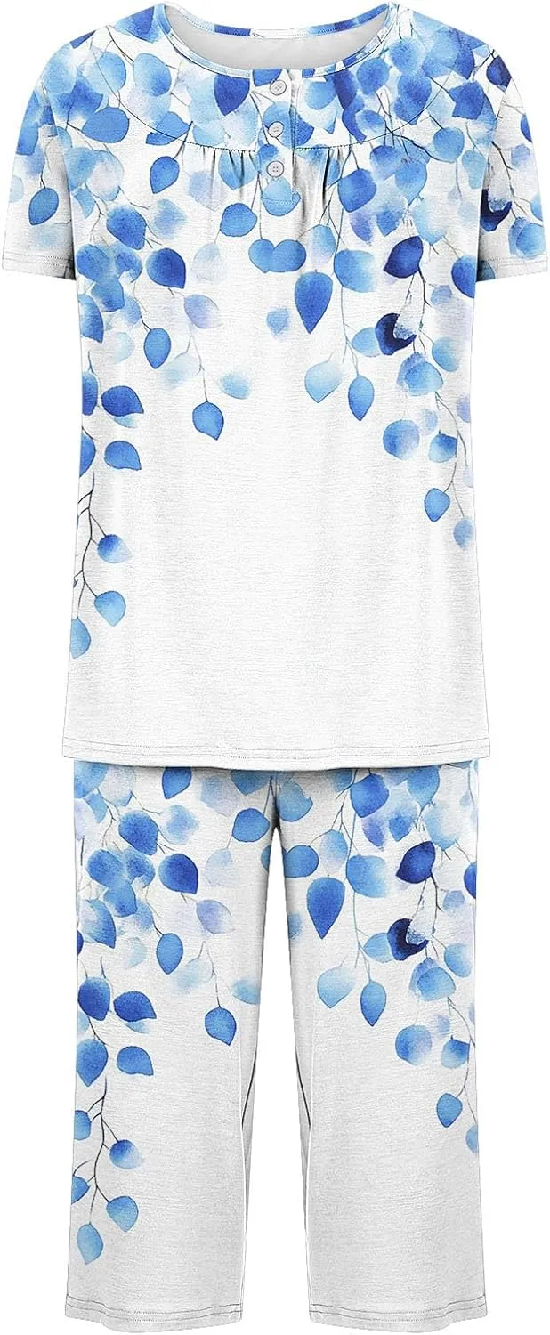 Women's Pajamas Set Short Sleeve Tops With Capri Pants Floral Print Pjs Lounge & Sleepwear Summer 2 Piece Lounge Set
