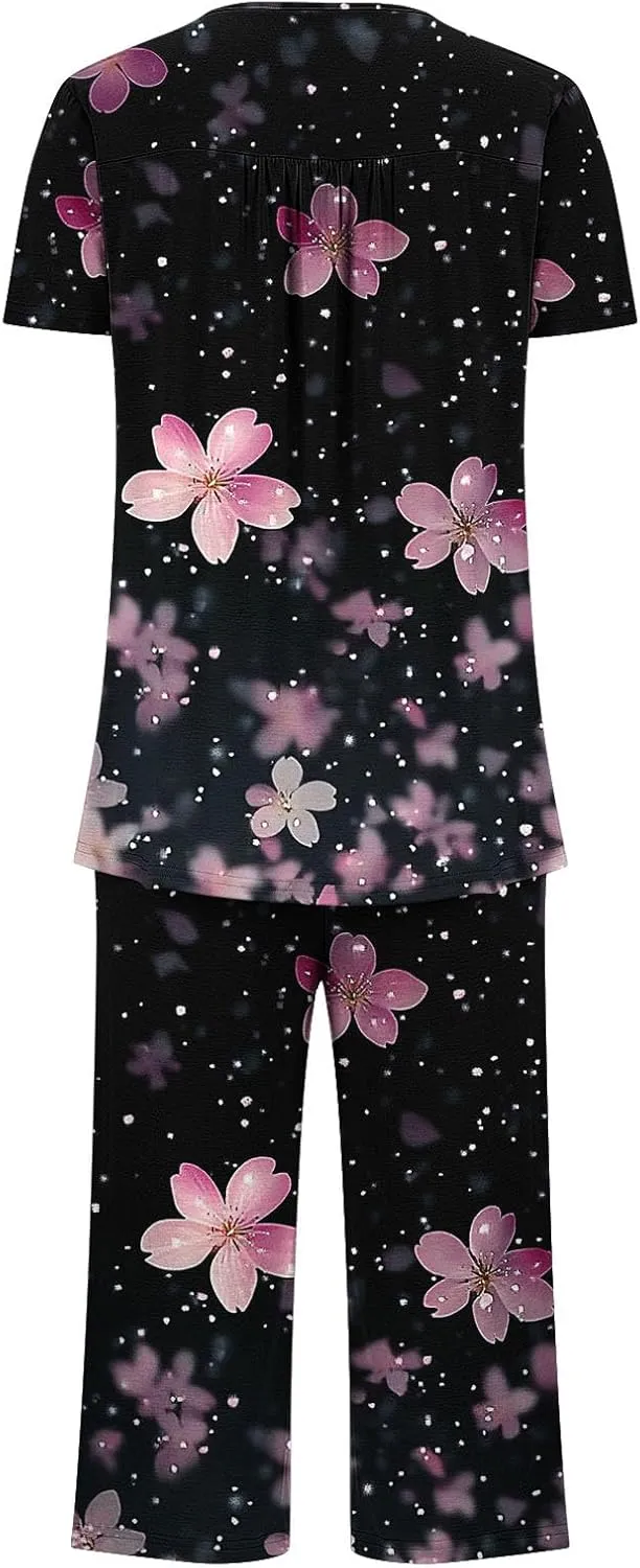 Women's Pajamas Set Short Sleeve Tops With Capri Pants Floral Print Pjs Lounge & Sleepwear Summer 2 Piece Lounge Set