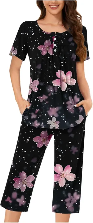Women's Pajamas Set Short Sleeve Tops With Capri Pants Floral Print Pjs Lounge & Sleepwear Summer 2 Piece Lounge Set