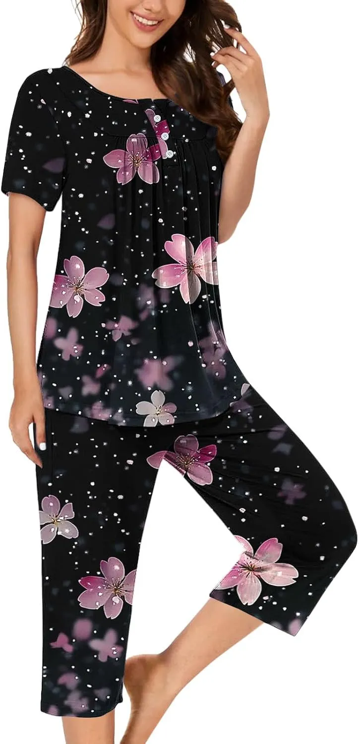 Women's Pajamas Set Short Sleeve Tops With Capri Pants Floral Print Pjs Lounge & Sleepwear Summer 2 Piece Lounge Set