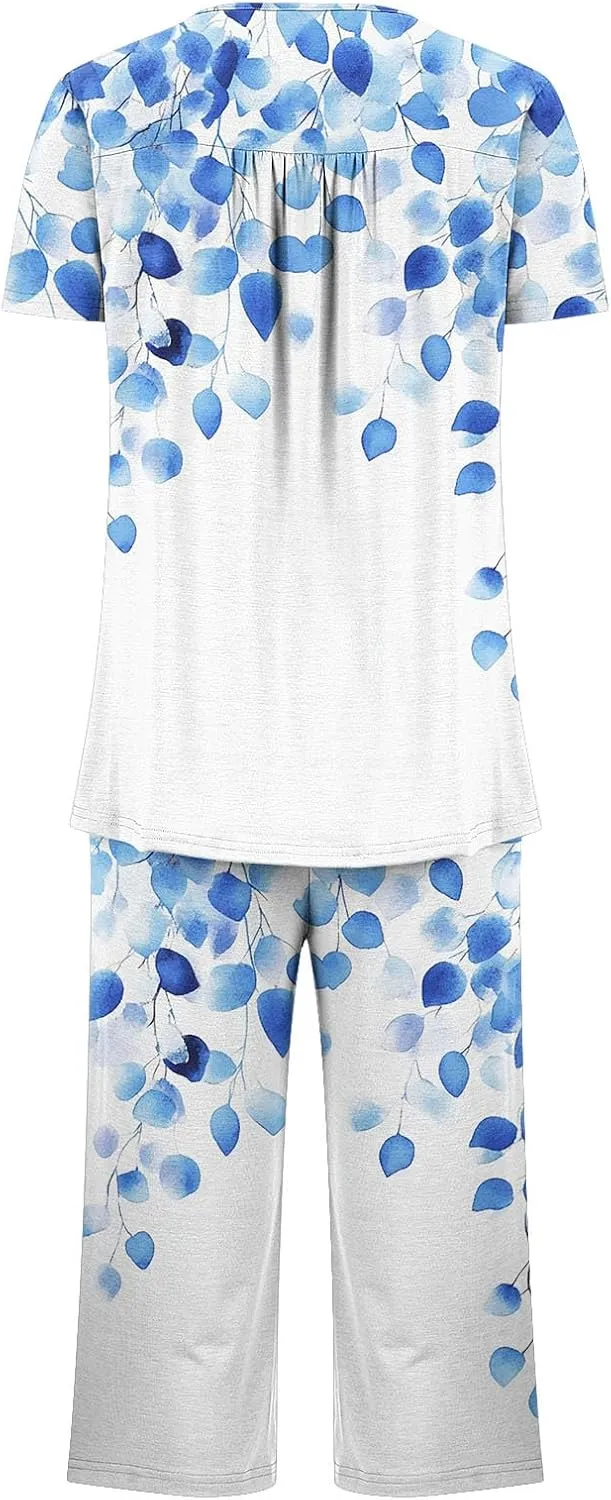 Women's Pajamas Set Short Sleeve Tops With Capri Pants Floral Print Pjs Lounge & Sleepwear Summer 2 Piece Lounge Set