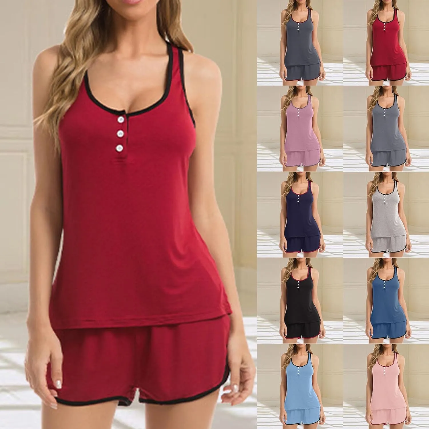 Women's Pajamas Set Soft Modal Sleepwear Button Up Henley Neck Tank Top and Shorts Pjs Summer Loungewear Sets