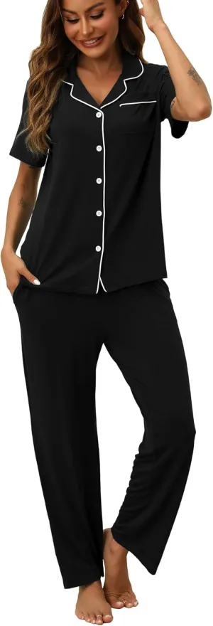 Womens Pajamas Sets 2 Piece Button Up Pj Sets Short Sleeve with Long Pant
