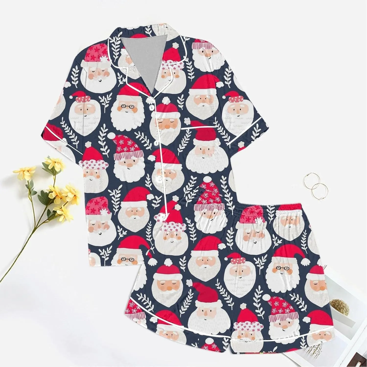 Women's Pajamas Sets 2 Piece Pjs Women's Pajamas Pattern Print Cute Pajamas Button Short Short Sleeve Satin Pj Set