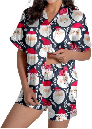 Women's Pajamas Sets 2 Piece Pjs Women's Pajamas Pattern Print Cute Pajamas Button Short Short Sleeve Satin Pj Set