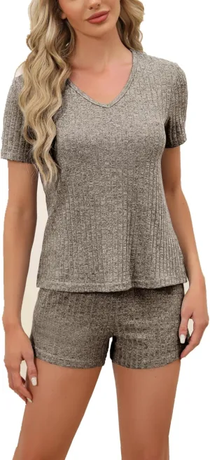 Women's Pajamas Sets Ribbed Knit Lounge Set Loungewear Top and Shorts 2 Piece Outfits S-XXL