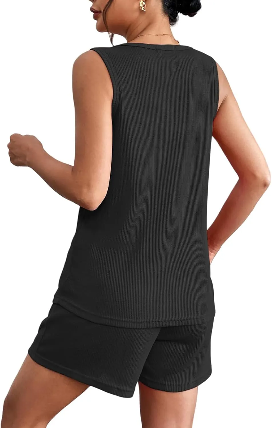 Womens Pajamas Sets with Pockets Casual Ribbed Knit V Neck Sleeveless Tank Tops Drawstring Short Outfits Tracksuits