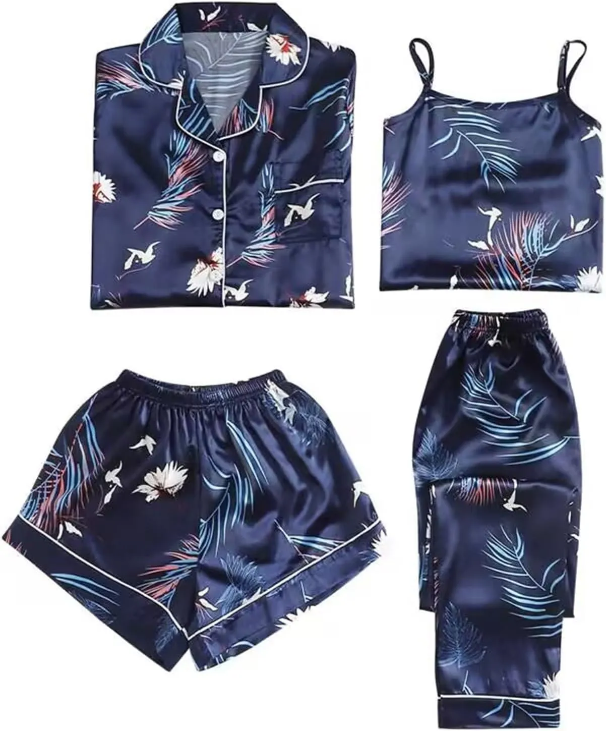 Women's Pajamas Sets Women's Sexy Satin Nightwear Set 4 Costume Pyjama Set Lingerie Undressed Striped Silky Pj Set
