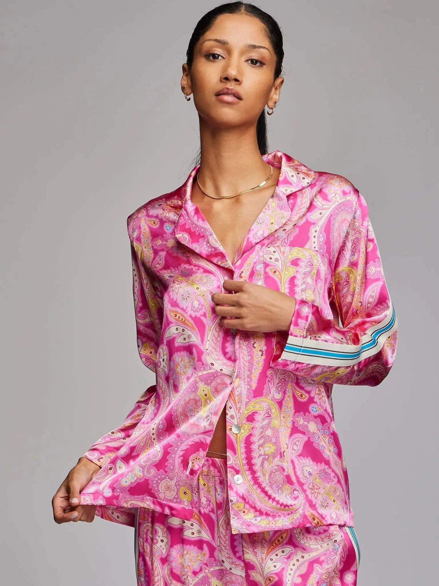 Women's Pink Palm Beach Paisley Silk Pajama Set With Stripe