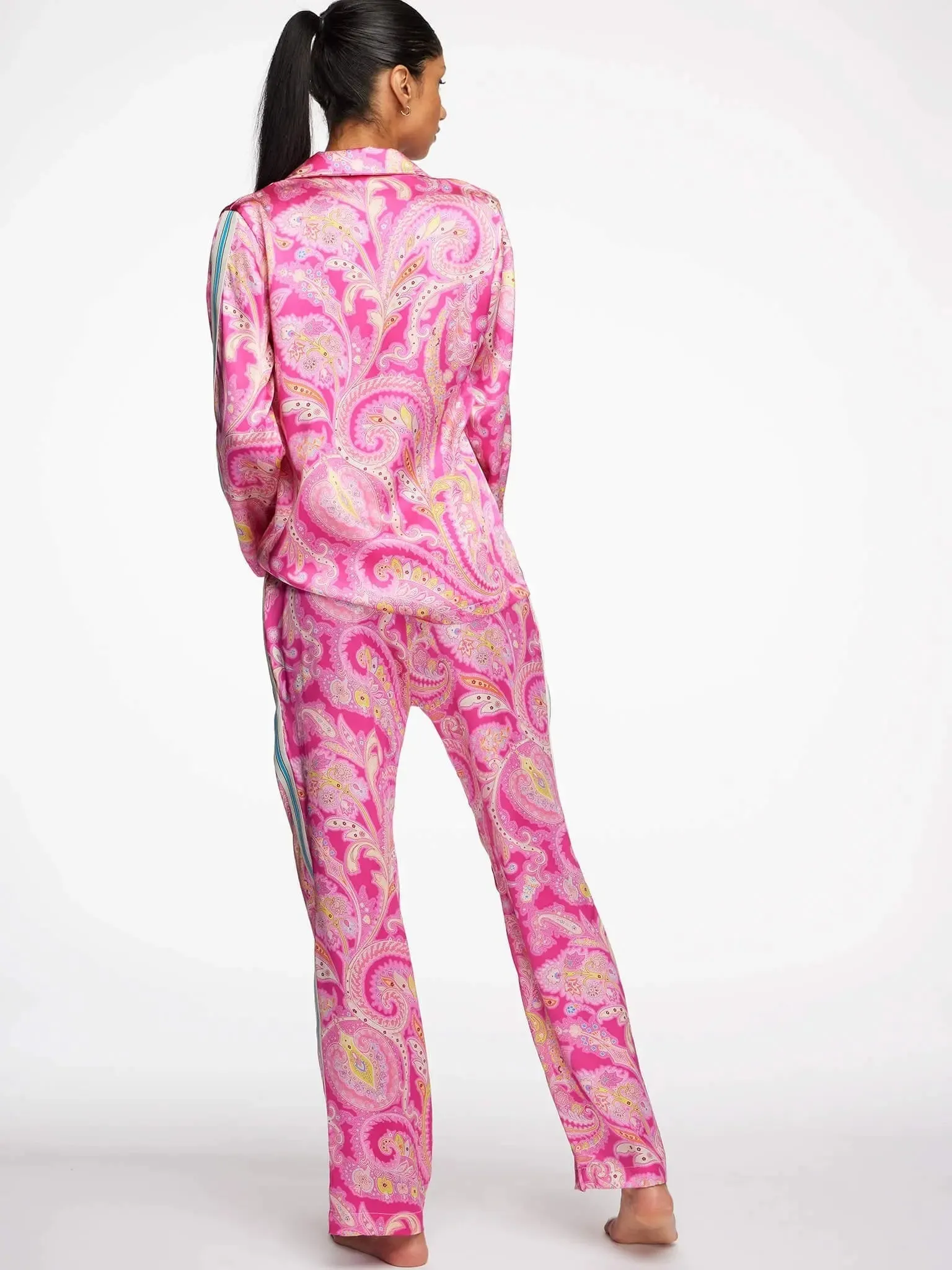 Women's Pink Palm Beach Paisley Silk Pajama Set With Stripe