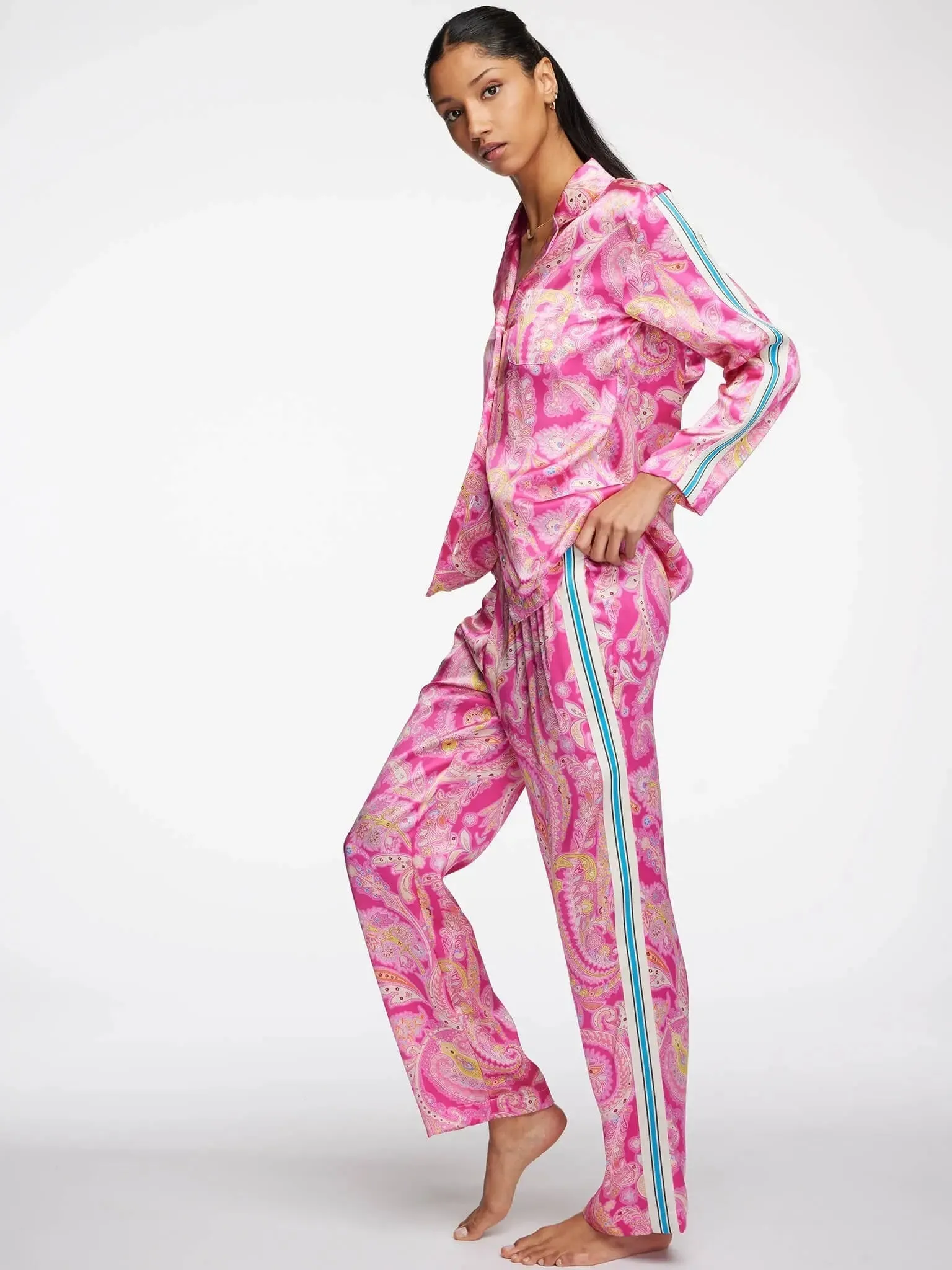 Women's Pink Palm Beach Paisley Silk Pajama Set With Stripe