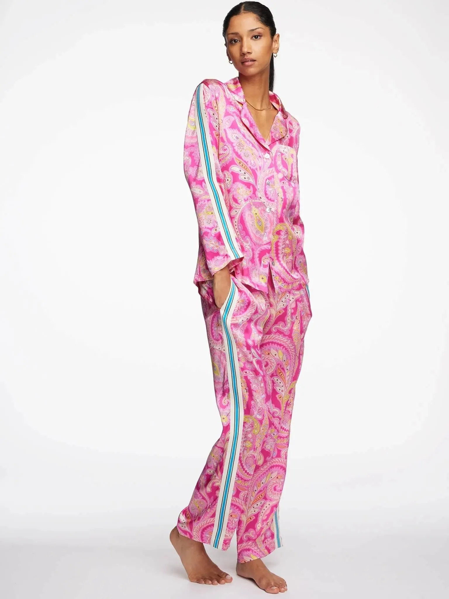 Women's Pink Palm Beach Paisley Silk Pajama Set With Stripe