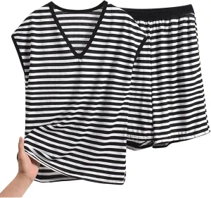 Womens Pjs Sets 2 Piece Casual Trendy Striped Short Sleeve T Shirt and Shorts Soft Comfy Crew Neck Home Sleepwear