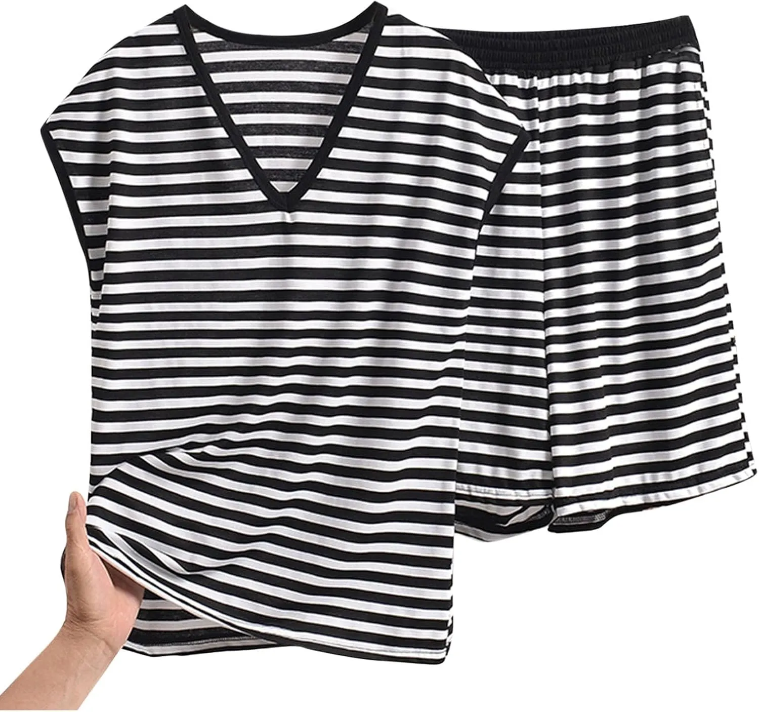 Womens Pjs Sets 2 Piece Casual Trendy Striped Short Sleeve T Shirt and Shorts Soft Comfy Crew Neck Home Sleepwear