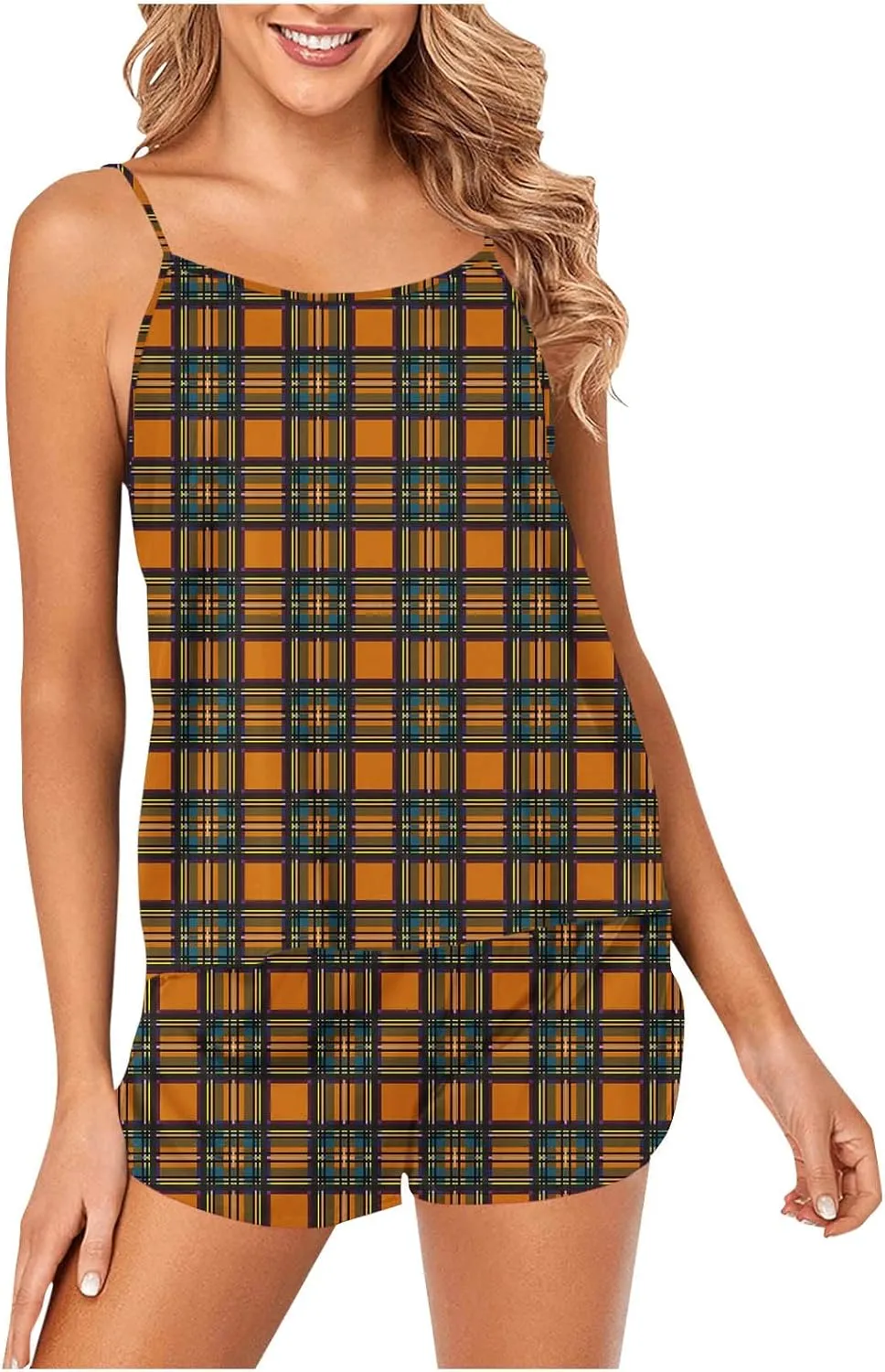 Women's Plaid Printed Two Piece Pajamas Suits, Camisole Crew Neck Top Tank, Matching Lightweight Soft Comfy Shorts