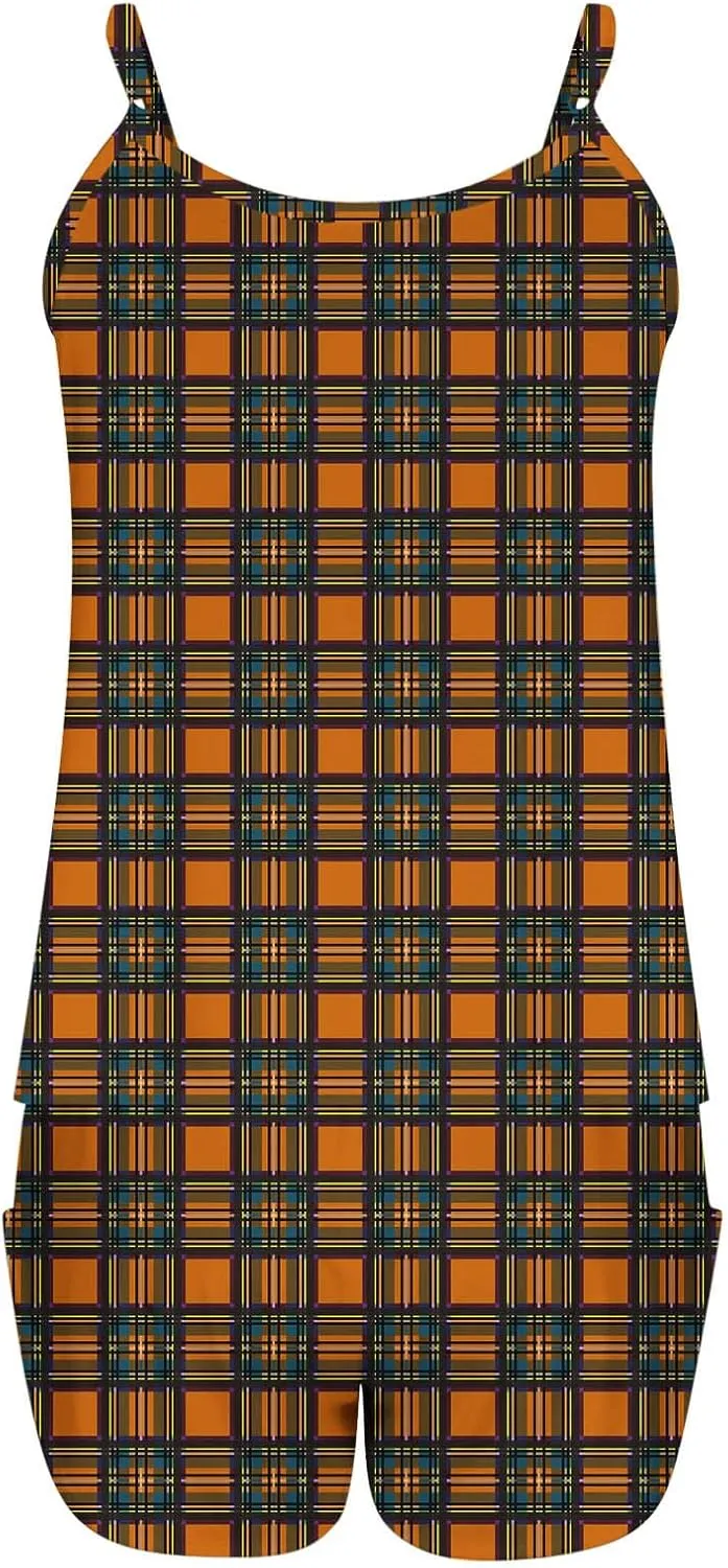 Women's Plaid Printed Two Piece Pajamas Suits, Camisole Crew Neck Top Tank, Matching Lightweight Soft Comfy Shorts