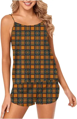 Women's Plaid Printed Two Piece Pajamas Suits, Camisole Crew Neck Top Tank, Matching Lightweight Soft Comfy Shorts