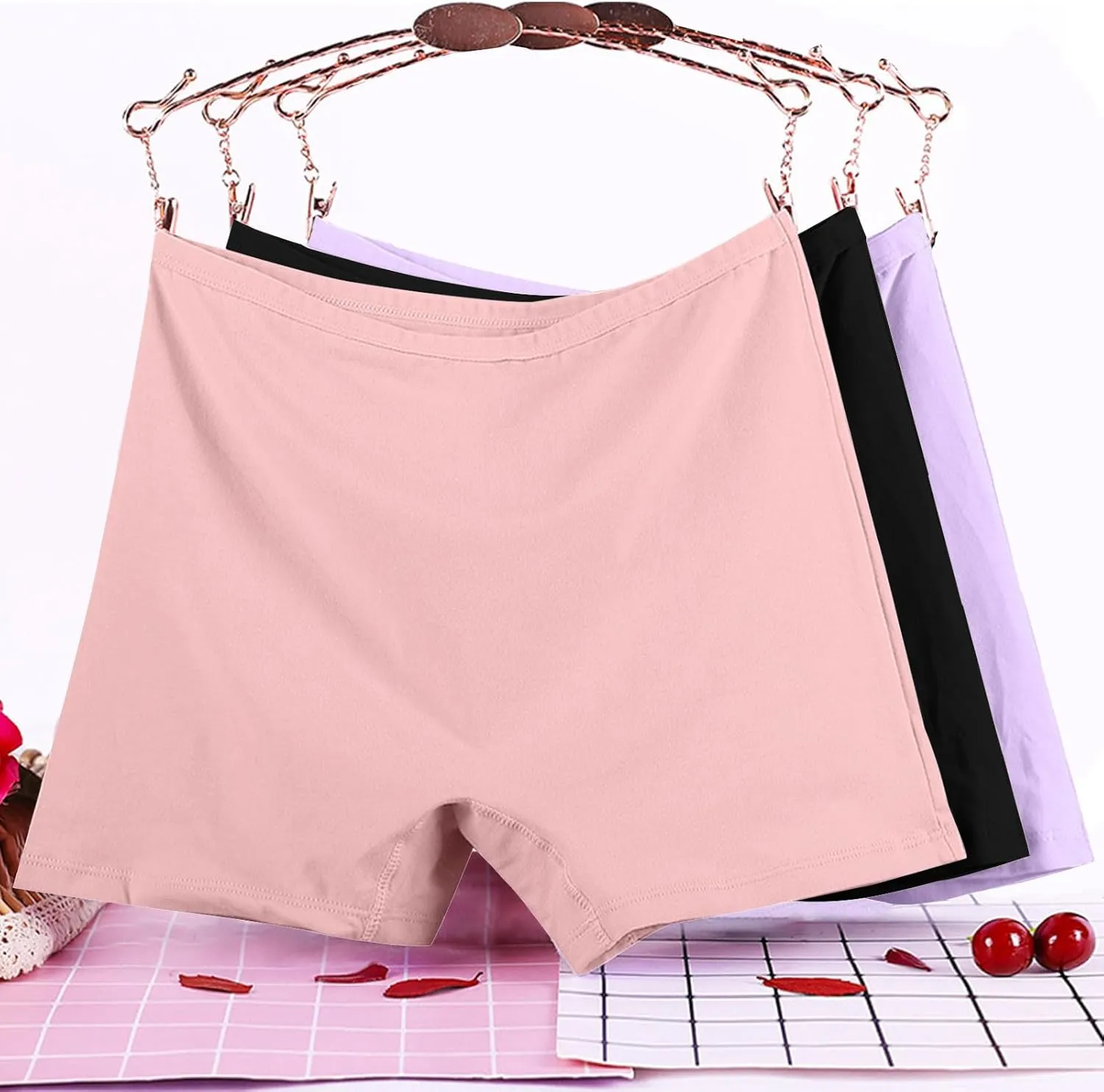 Women's Plus Size Cotton Boxer Briefs Elastic High Waist Leak Proof Underwear 3 Pieces Solid Color Comfy Panties