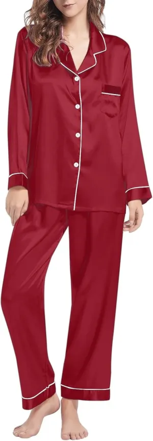 Womens Plus Size Satin Pajama Sets Long Sleeve Button Up Pajamas with Pants Pjs Set Fall Loose Silk Loungewear