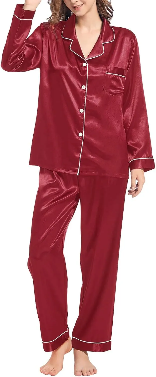 Womens Plus Size Satin Pajama Sets Long Sleeve Button Up Pajamas with Pants Pjs Set Fall Loose Silk Loungewear