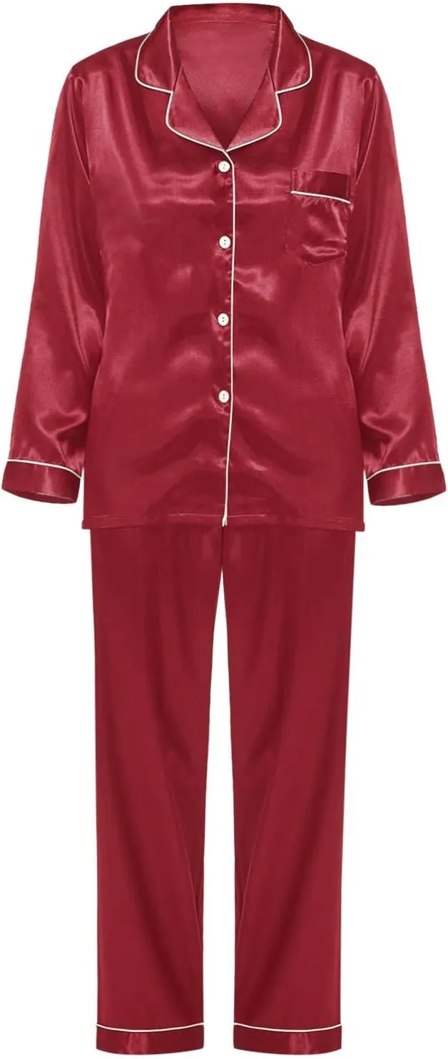 Womens Plus Size Satin Pajama Sets Long Sleeve Button Up Pajamas with Pants Pjs Set Fall Loose Silk Loungewear