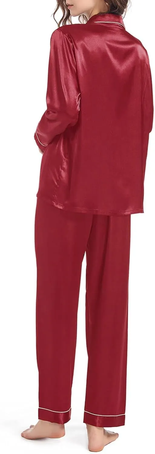 Womens Plus Size Satin Pajama Sets Long Sleeve Button Up Pajamas with Pants Pjs Set Fall Loose Silk Loungewear