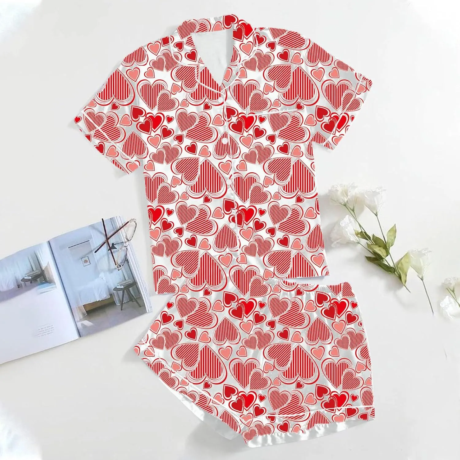 Womens Plus Size Short Sleeve Shorts Pajamas Set Love Printed Tshirts Shorts 2pieces Sleepwear Nightwear Soft Pjs Lounge Sets