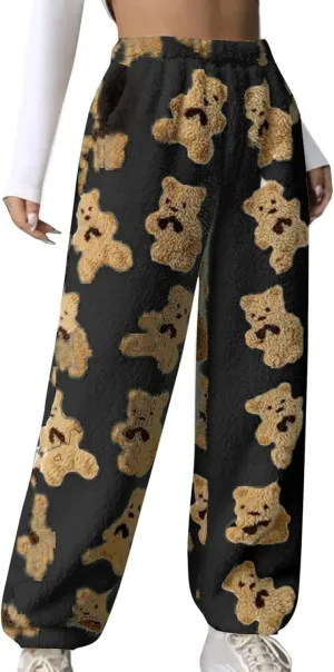 Women's Plush Pajama Pants, Cute Bear Fluffy Fleece Warm Pj Bottoms Soft Winter Comfy Fuzzy Lounge Trousers Sweatpant