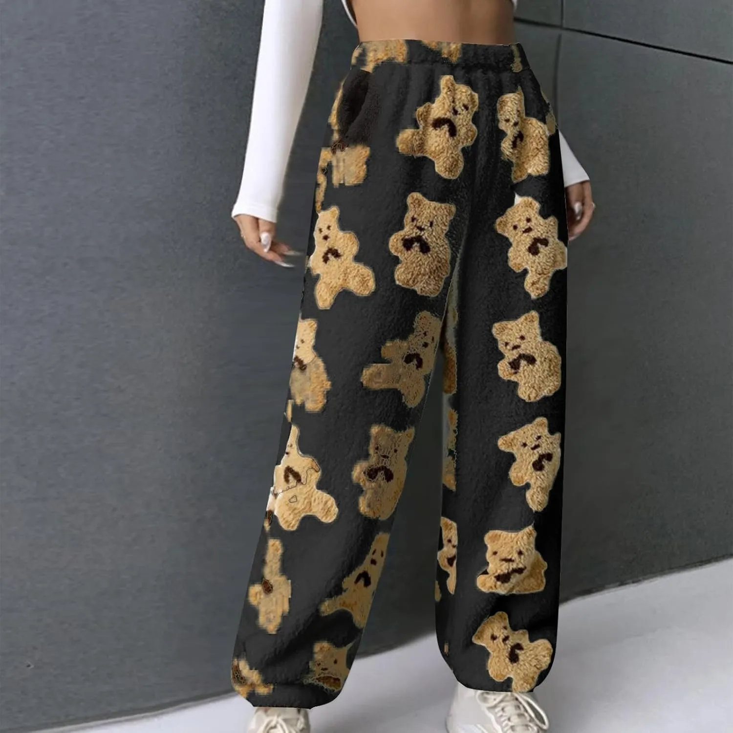 Women's Plush Pajama Pants, Cute Bear Fluffy Fleece Warm Pj Bottoms Soft Winter Comfy Fuzzy Lounge Trousers Sweatpant