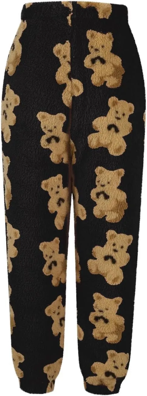 Women's Plush Pajama Pants, Cute Bear Fluffy Fleece Warm Pj Bottoms Soft Winter Comfy Fuzzy Lounge Trousers Sweatpant