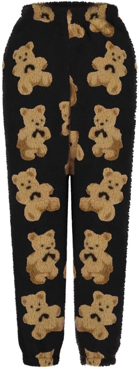 Women's Plush Pajama Pants, Cute Bear Fluffy Fleece Warm Pj Bottoms Soft Winter Comfy Fuzzy Lounge Trousers Sweatpant