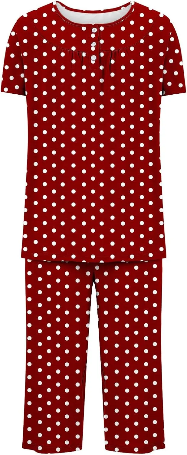 Womens Polka Printed 2 Piece Pajamas Suits Short Sleeve Button Crewneck Tee with Lounge Loose Capri Pant Sleepwear