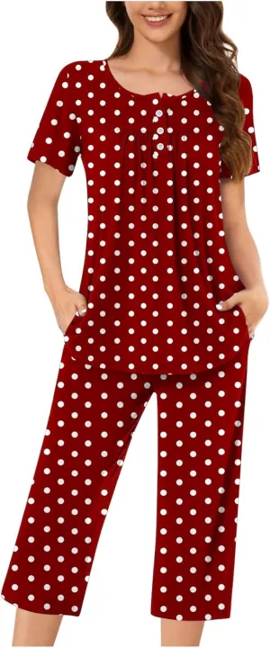 Womens Polka Printed 2 Piece Pajamas Suits Short Sleeve Button Crewneck Tee with Lounge Loose Capri Pant Sleepwear