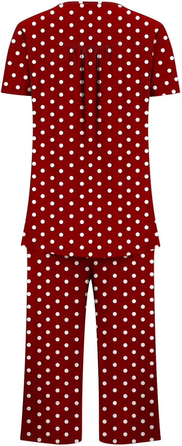 Womens Polka Printed 2 Piece Pajamas Suits Short Sleeve Button Crewneck Tee with Lounge Loose Capri Pant Sleepwear