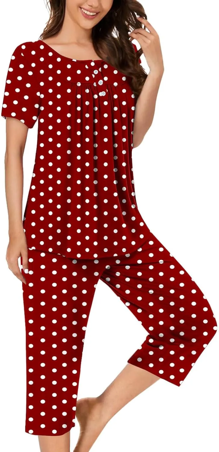 Womens Polka Printed 2 Piece Pajamas Suits Short Sleeve Button Crewneck Tee with Lounge Loose Capri Pant Sleepwear
